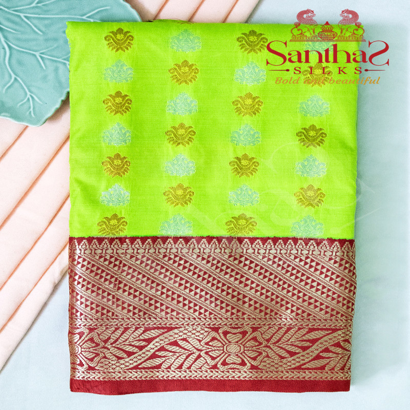 MEENAKSHI GREEN BODY IN ZARI BUTTA WITH CONTRAST BLOUSE & BORDER
