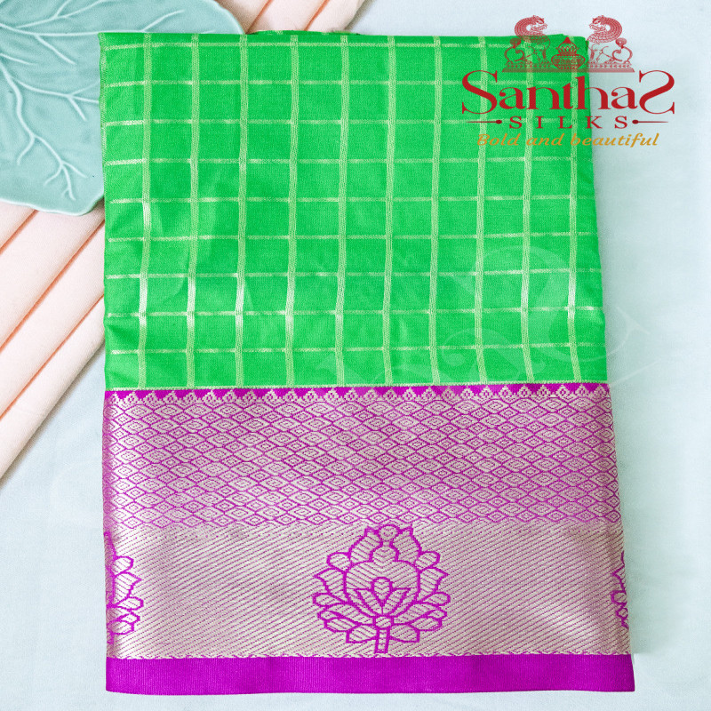 GREEN COLOUR BODY IN CHECKED PATTERN WITH CONTRAST BLOUSE & BORDER