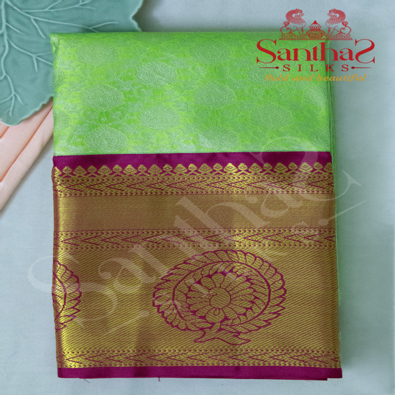 FLOURESCENT GREEN BODY IN FLORAL PATTERN WITH  CONTRAST BLOUSE & BORDER