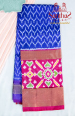 ROYAL BLUE BODY IN IKKAT PRINT WITH CONTRAST BLOUSE & BORDER