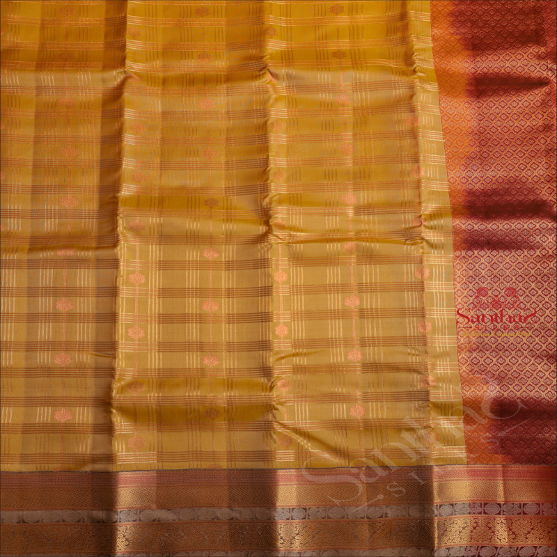 MUSTARD YELLOW COLOUR CHECKED BODY WITH ZARI BUTTA WITH CONTRAST BLOUSE & BORDER