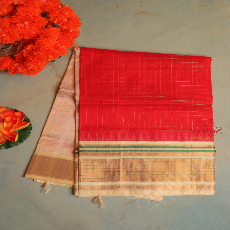 RED COLOUR CHECKED BODY WITH CONTRAST BLOUSE & BORDER