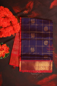 dark-violet-colour-checked-body-with-golden-zari-annam-chakkaram-butta-with-contrast-blouse-border