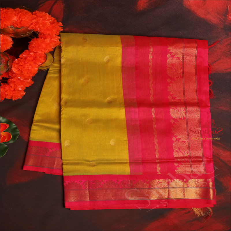 PEAR GREEN COLOUR BODY WITH GOLDEN ZARI MANGO BUTTA WITH CONTRAST BLOUSE & BORDER