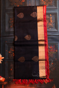 dark-blue-colour-body-with-golden-zari-butta-with-contrast-blouse-border