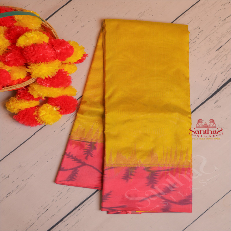 MUSTARD YELLOW COLOUR BODY WITH GOLDEN ZARI EMBOSED WITH CONTRAST BLOUSE & BORDER