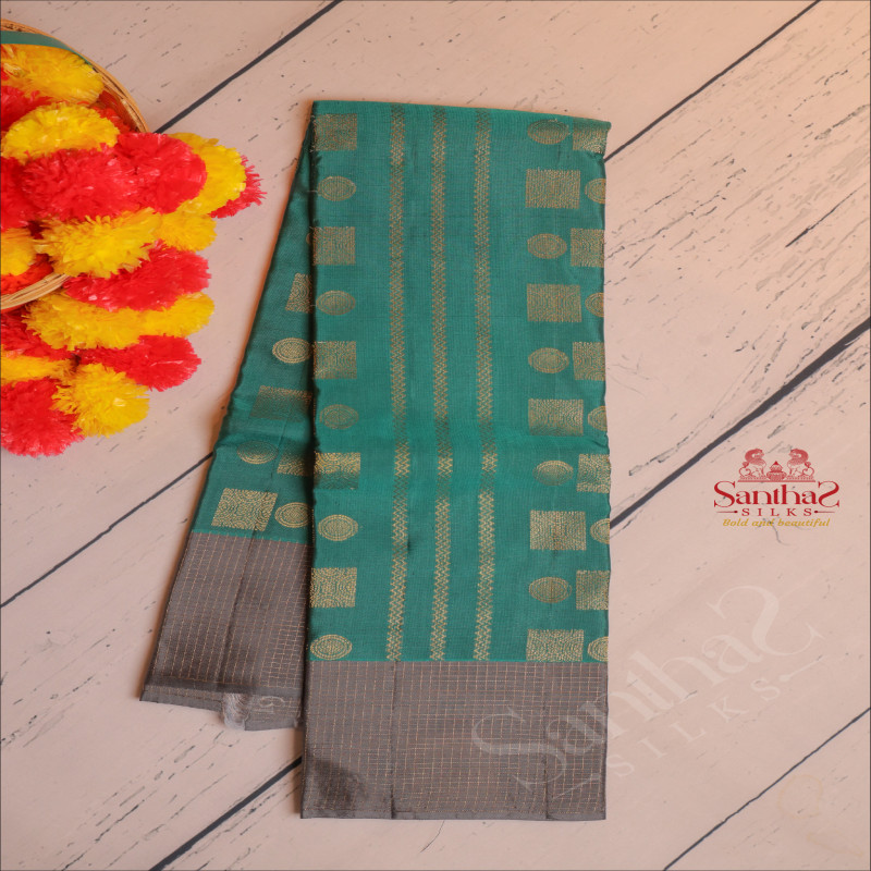 PINE GREEN COLOUR BODY WITH GOLDEN ZARI BUTTA WITH CONTRAST BLOUSE & BORDER