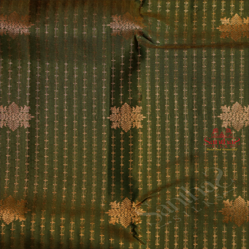 DARK MOSS GREEN COLOUR BODY WITH GOLDEN ZARI STRIPS & BUTTA AND SELF COLOUR PALLU & BLOUSE