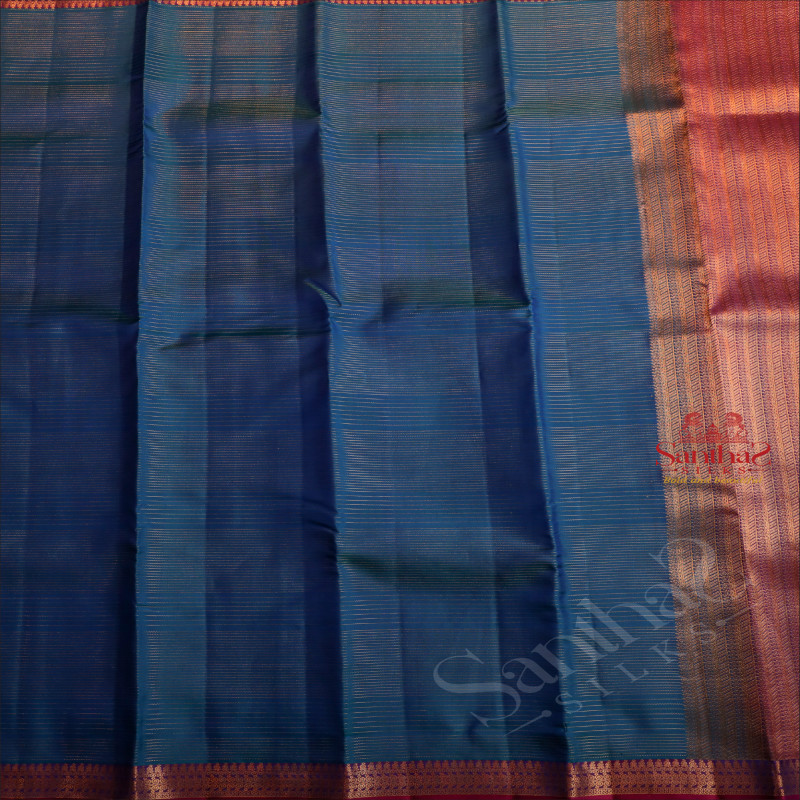 PRUSSIAN BLUE COLOUR STRIPS BODY WITH CONTRAST BLOUSE & BORDER