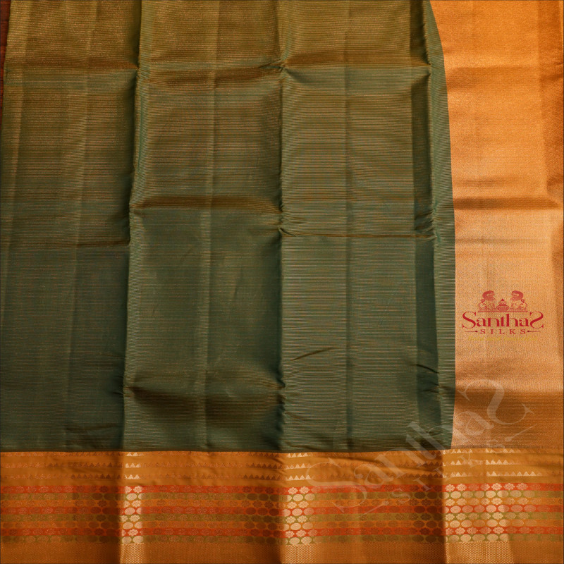 CADMIUM GREEN COLOUR BODY WITH GOLDEN ZARI STRIPS AND CONTRAST PALLU & BLOUSE