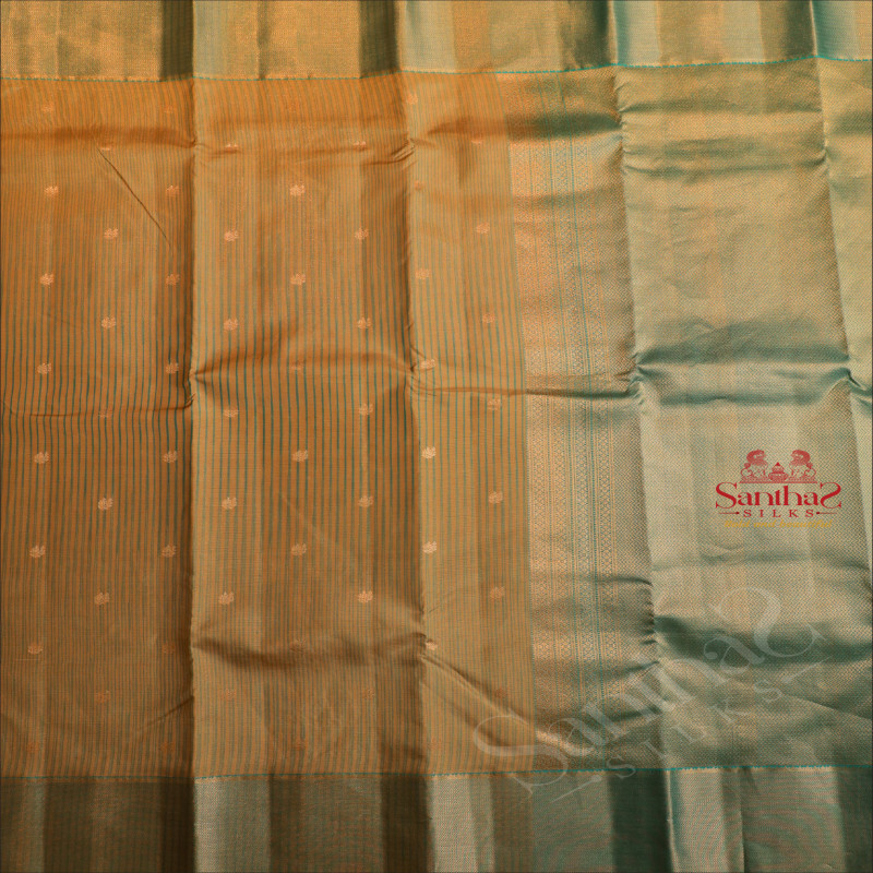 METALIC COPPER COLOUR BODY WITH STRIPS & BUTTAS AND CONTRAST PALLU & BLOUSE