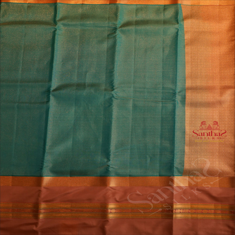 TURQUOISE BLUE COLOUR BODY WITH GOLDEN ZARI ANNAM CHAKKARAM BUTTA WITH CONTRAST BLOUSE & BORDER