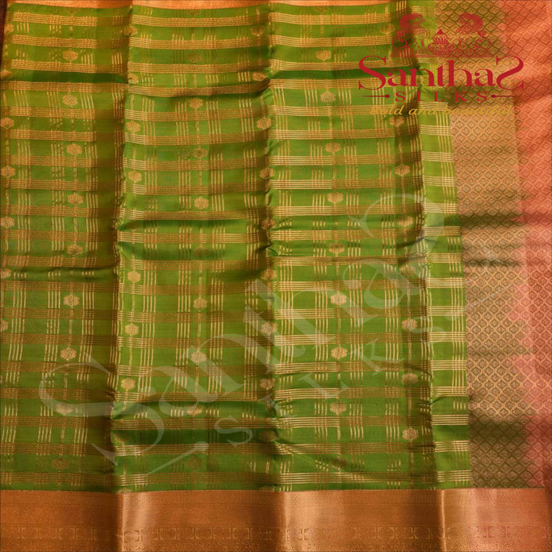 GREEN COLOUR BODY WITH GOLDEN ZARI CHECKED PATTERN & BUTTAS AND CONTRAST PALLU & BLOUSE