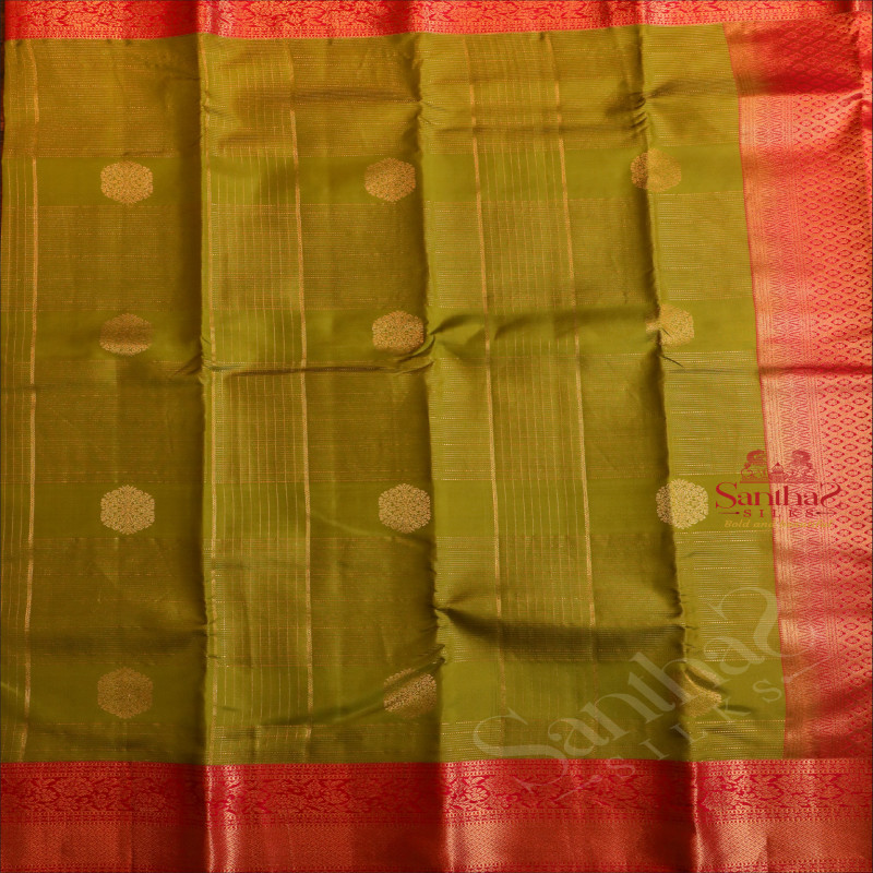 YELLOW GREEN COLOUR BODY WITH GOLDEN ZARI STRIPS & BUTTA AND CONTRAST PALLU & BLOUSE