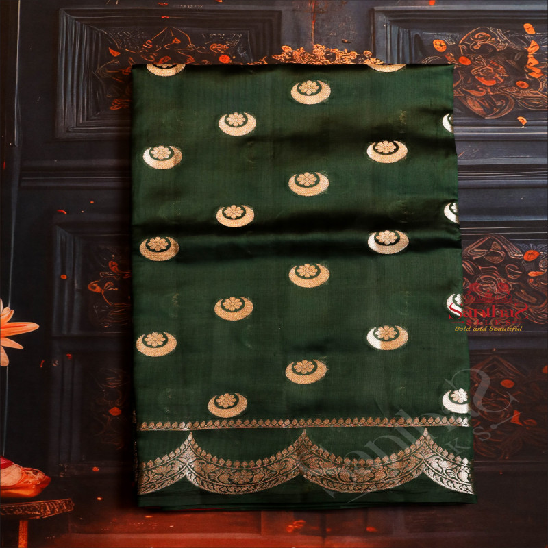  CHINIYA SAREE IN DARK GREEN COLOUR WITH SILVER ZARI BUTTA AND CONTRAST COLOUR PALLU & BLOUSE