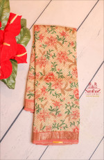  CHANDERI SAREE IN SANDAL COLOUR WITH FLORAL PRINT WITH CONTRAST BLOUSE