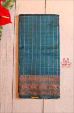 DARK TEAL BLUE COLOUR RAW SILK CHECKED SAREE WITH SELF BLOUSE & BORDER