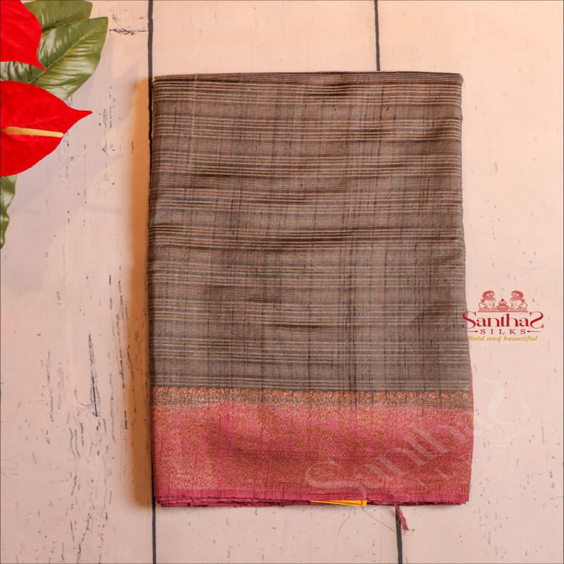 DARK GREY COLOUR RAW SILK SAREE BODY WITH GOLDEN & SILVER ZARI STRIPS AND CONTRAST PALLU & BLOUSE