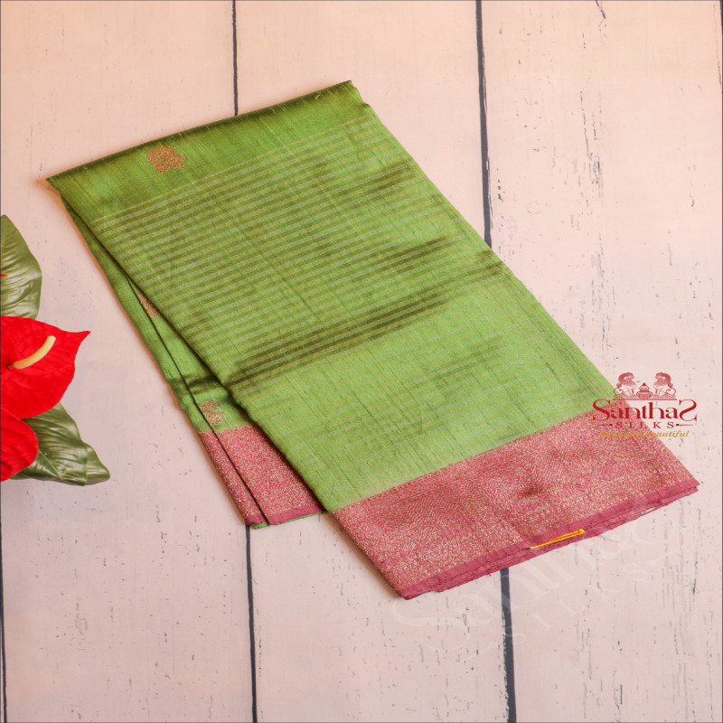 BOTTLE GREEN COLOUR RAW SILK SAREE BODY WITH GOLDEN & SILVER ZARI STRIPS & BUTTAS AND CONTRAST COLOUR PALLU & BLOUSE