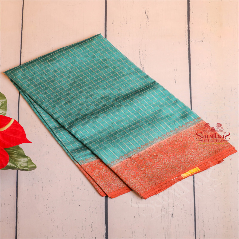 TEAL BLUE COLOUR RAW SILK SAREE BODY WITH GOLDEN CHECKED AND CONTRAST COLOUR PALLU & BLOUSE