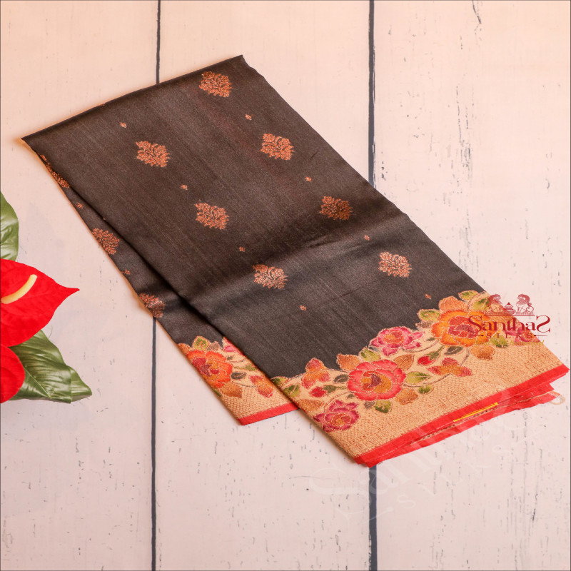 BLACK COLOUR RAW SILK SAREE WITH COPPER ZARI MOTIF WITH CONTRAST BLOUSE & BORDER