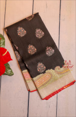 BLACK COLOUR BANARAS SAREE BODY WITH MULTI COLOUR THREAD WORK DESIGN AND CONTRAST PALLU & BLOUSE