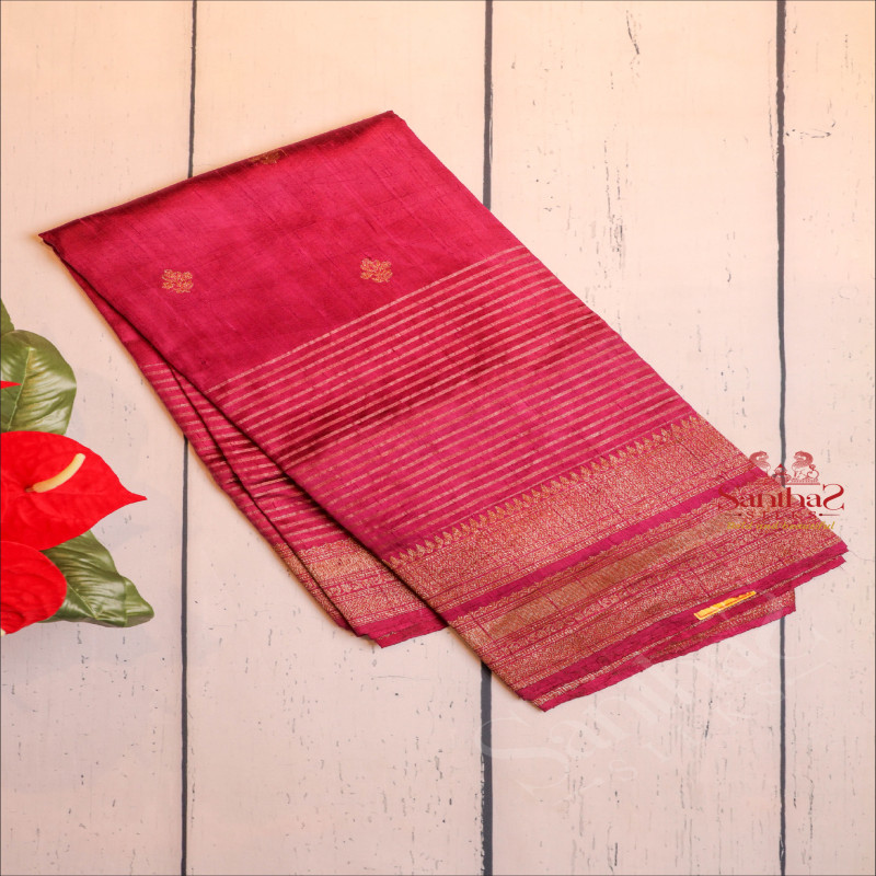 MEGENTA COLOUR RAW SILK SAREE BODY WITH ROSEGOLD ZARI STRIPS AND SELF COLOUR PALLU & BLOUSE