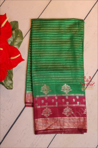 forest-green-colour-chiniya-saree-with-golden-zari-strips-butta-and-contrast-colour-pallu-blouse