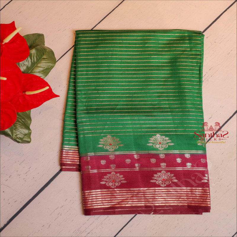 FOREST GREEN COLOUR CHINIYA SAREE WITH GOLDEN ZARI STRIPS & BUTTA AND CONTRAST COLOUR PALLU & BLOUSE