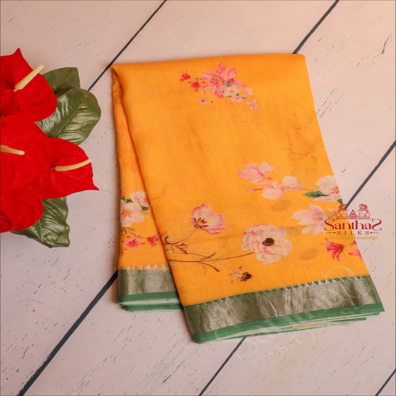  MANGALAGIRI COTTON BODY WITH DIGITAL PRINT DESIGN IN MANGO YELLOW COLOUR AND CONTRAST COLOUR DIGITAL PRINT DESIGN PALLU & BLOUSE