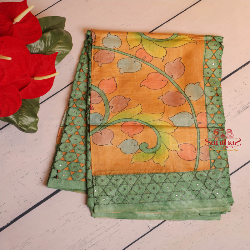 GREEN COLOUR TUSSAR SAREE WITH CUT WORK AND KALAMKARI PRINT WITH CONTRAST BLOUSE