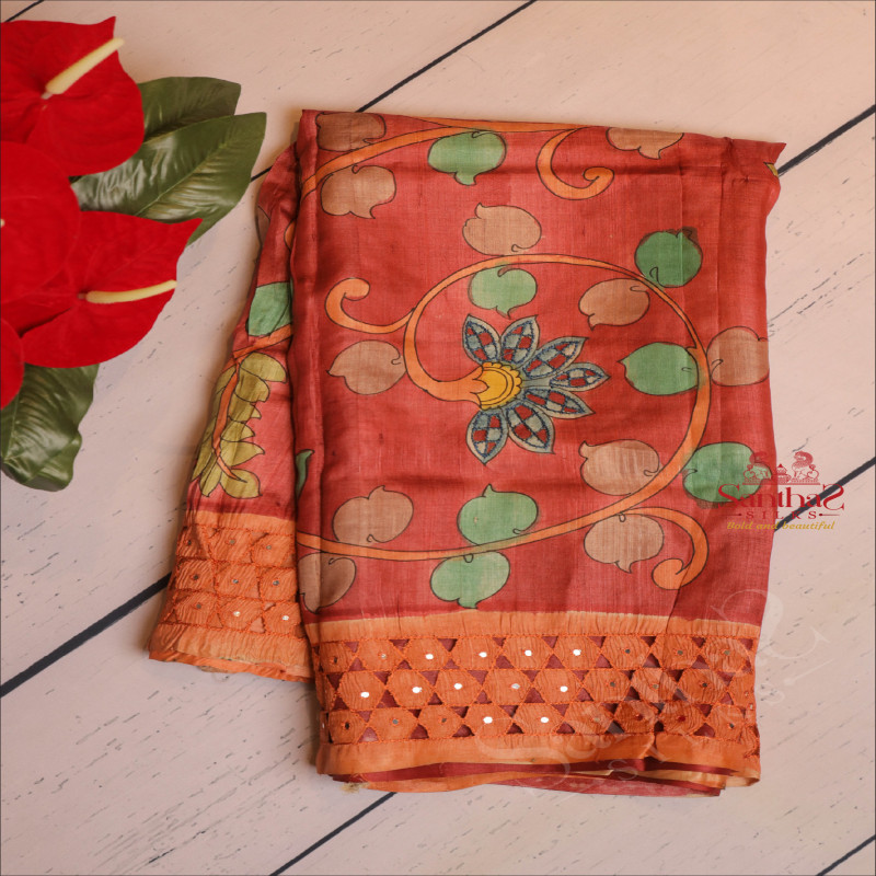 PEACH ORANGE COLOUR TUSSAR SAREE WITH CUT WORK AND KALAMKARI PRINT WITH CONTRAST BLOUSE