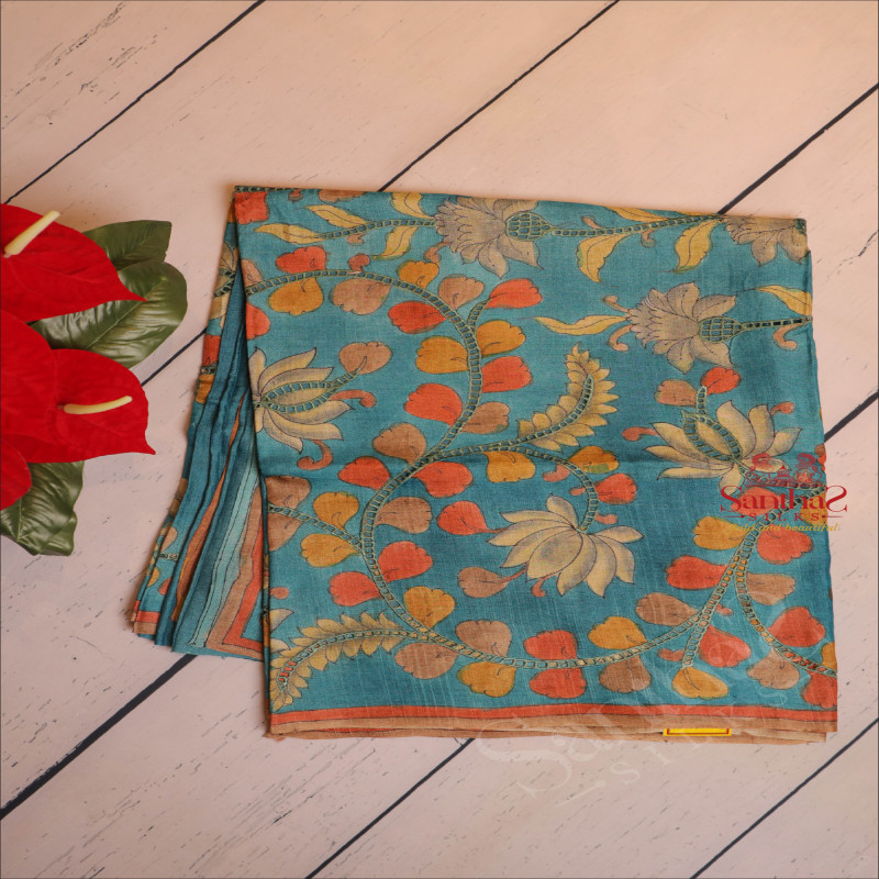 BLUE COLOUR TUSSAR SAREE WITH KALAMKARI PRINT WITH CONTRAST FLORAL PRINT BLOUSE