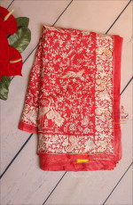 TOMATO RED COLOUR KOTTA TASSAR WORK SAREE WITH CHIKANKARI WORK AND SELF COLOUR PALLU WITH CHIKANKARI WORK & BLOUSE