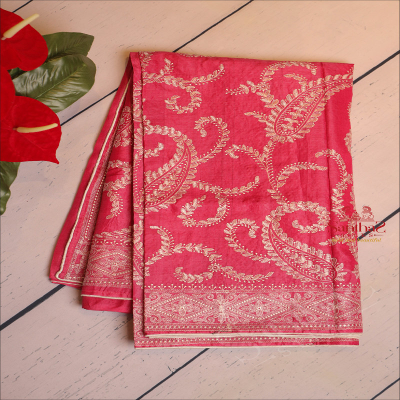 FUSCIA PINK COLOUR TUSSAR WORK SAREE WITH CHIKANKARI WORK AND SELF COLOUR PALLU WITH CHIKANKARI WORK & BLOUSE