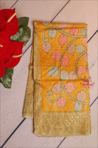 jade-green-colour-tussar-saree-with-cut-work-and-kalamkari-print-with-contrast-blouse