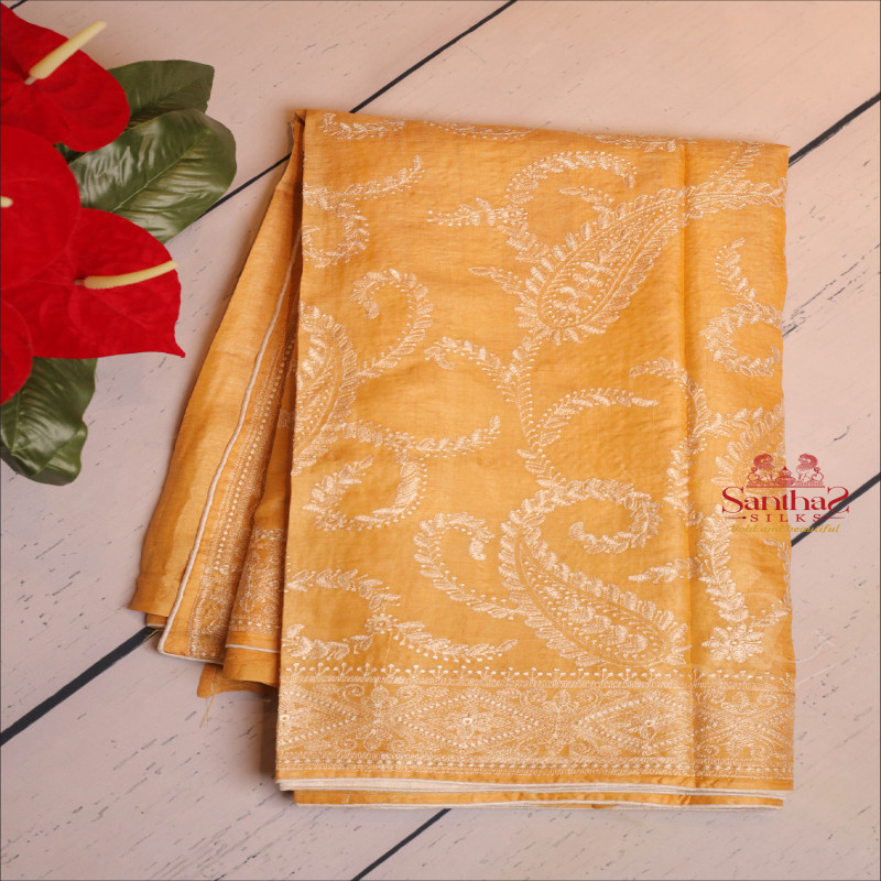 TUSCANY YELLOW COLOUR TASSAR WORK SAREE WITH CHIKANKARI WORK AND SELF COLOUR PALLU WITH CHIKANKARI WORK & BLOUSE
