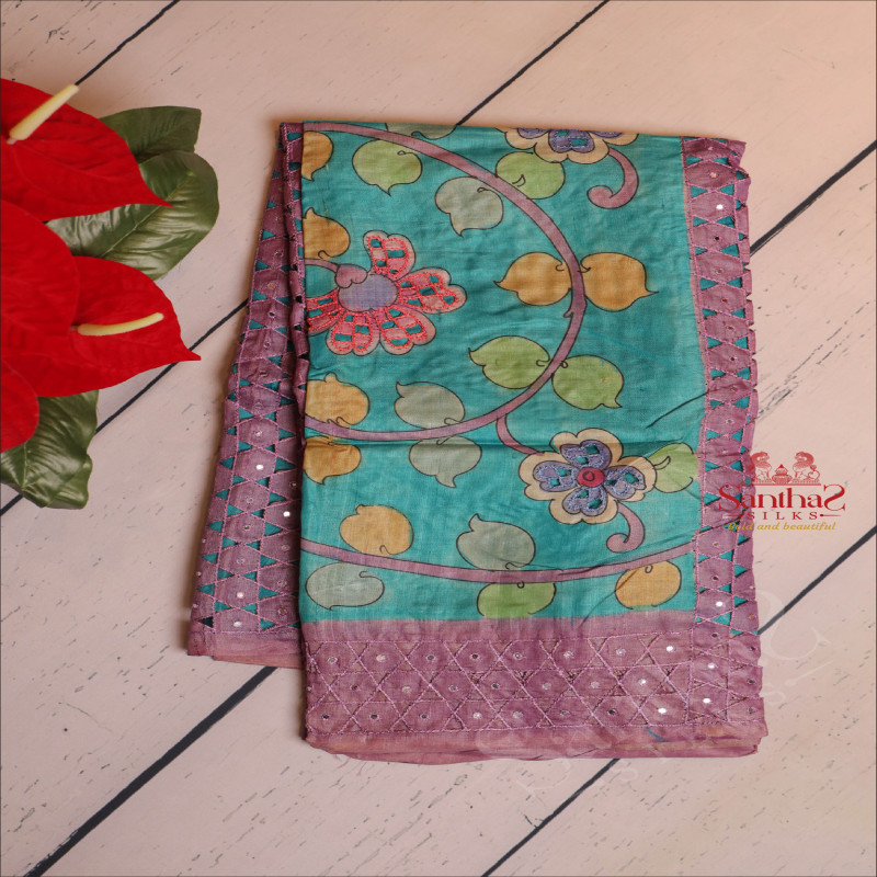 PURPLE COLOUR TUSSAR SAREE WITH CUTWORK AND KALAMKARI PRINT WITH CONTRAST BLOUSE