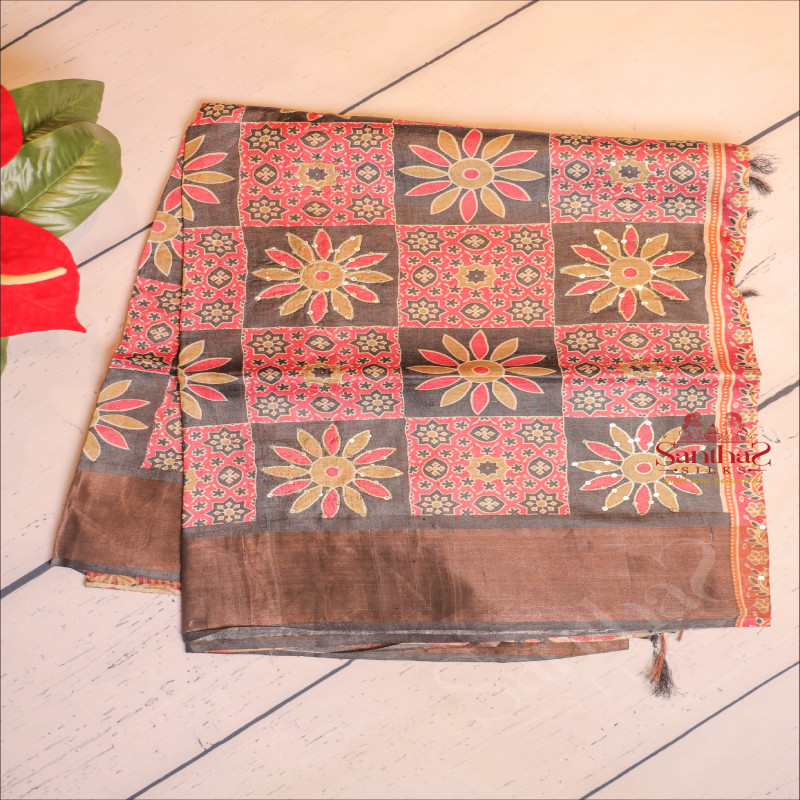 BLACK COLOUR TUSSAR SAREE BODY WITH MULTI COLOUR DIGITAL PRINT DESIGNS AND CONTRAST DIGITAL PRINT PALLU & BLOUSE