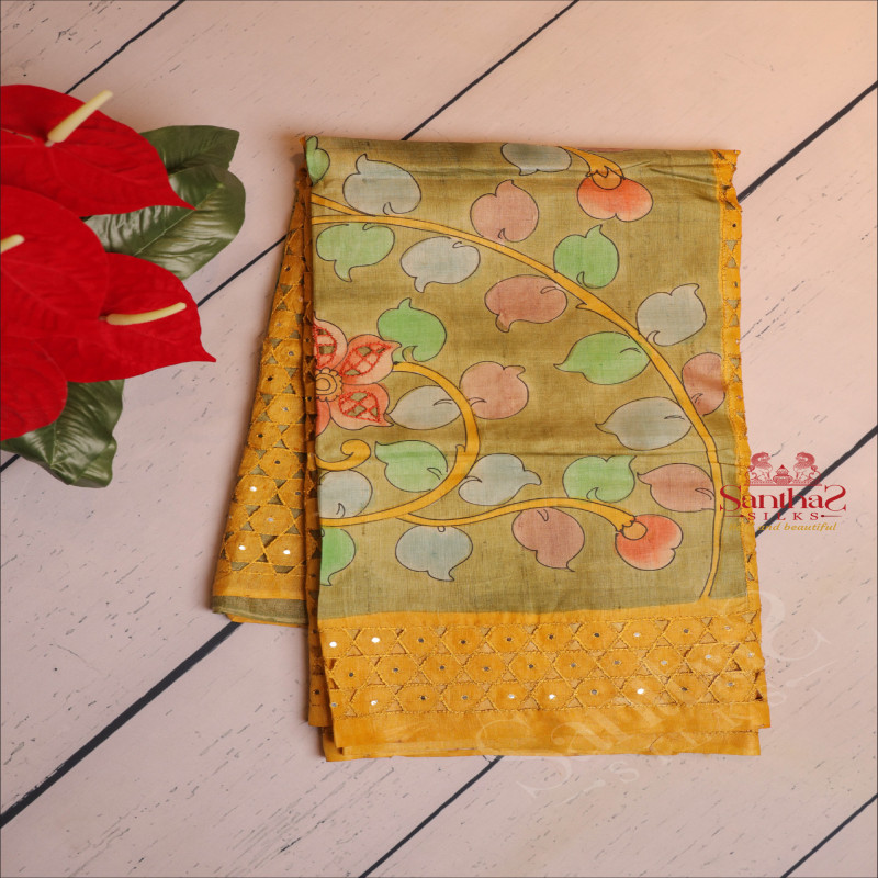 MUSTARD YELLOW COLOUR TUSSAR SAREE WITH KALAMKARI PRINT WITH CONTRAST BLOUSE