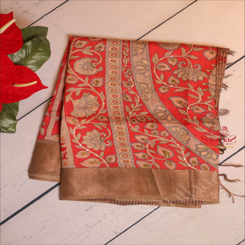 VENETIAN RED COLOUR TUSSAR SAREE BODY WITH DIGITAL PRINT DESIGN & MINIMAL HAND WORK AND CONTRAST PALLU WITH MINIMAL HAND WORK & BLOUSE