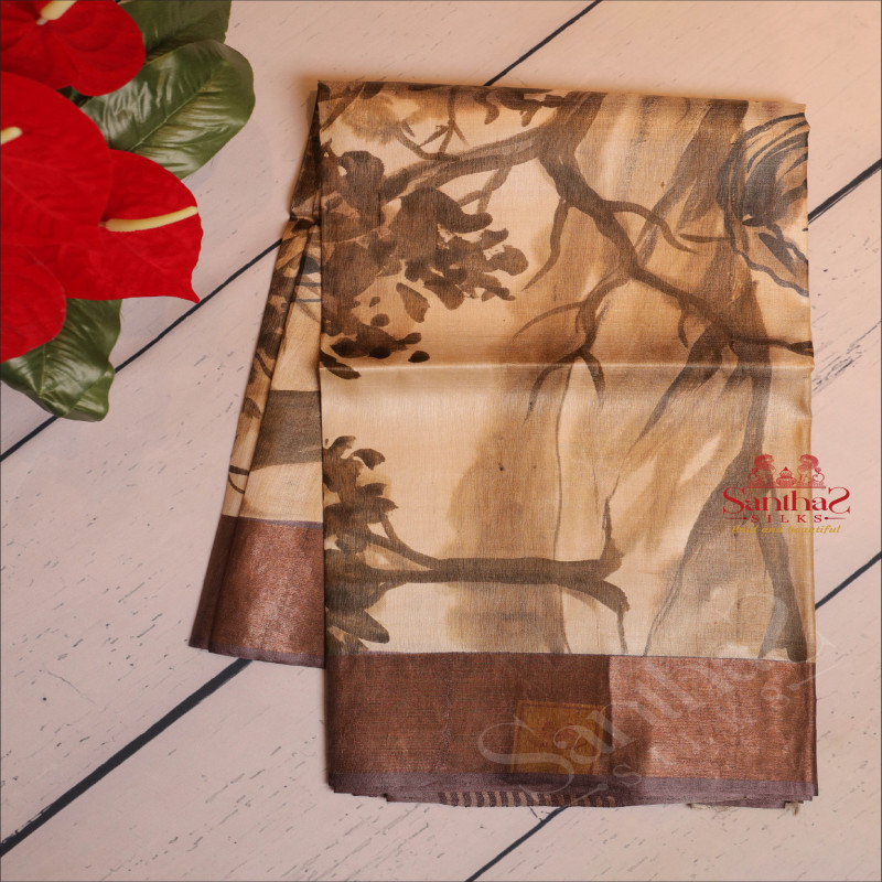 METALIC GOLD COLOUR TUSSAR SAREE BODY WITH DIGITAL PRINT DESIGN & KALAMKARI PRINT ANDSELF PALLU & BLOUSE