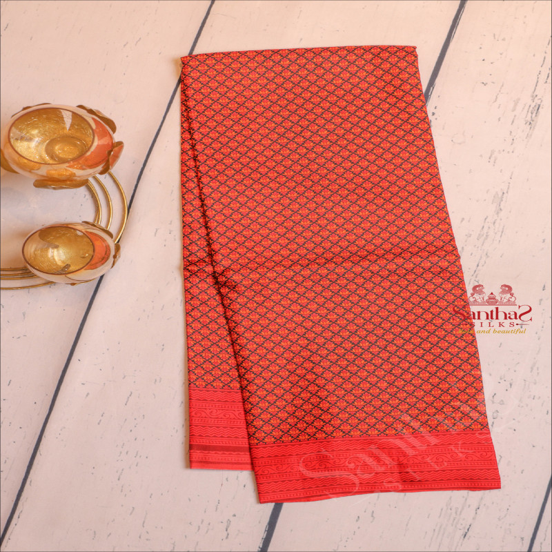 BLACK & RED PRINTED SILK SAREE WITH FLOWER MOTIFS AND CONTRAST PALLU & BLOUSE