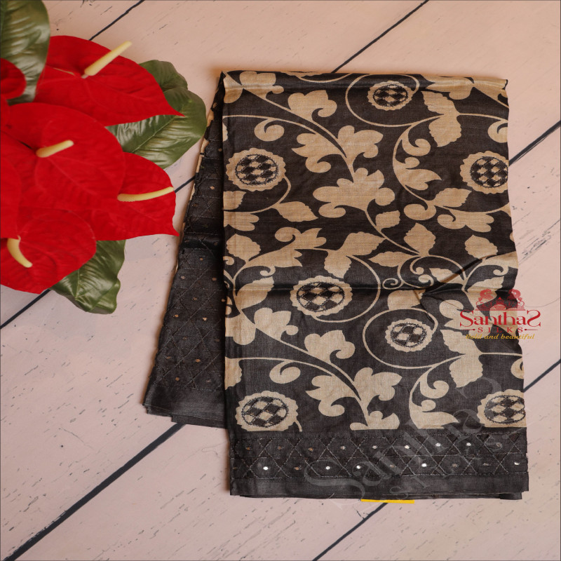 BLACK COLOUR TUSSAR SAREE WITH KALAMKARI PRINT WITH SELF BLOUSE