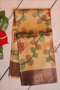 tan-brown-colour-tussar-saree-with-kalamkari-print-with-self-blouse
