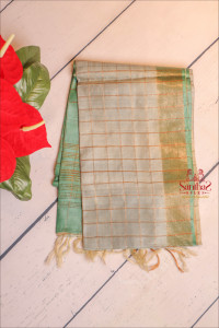 stone-blue-colour-tussar-checked-saree-with-contrast-printed-kalamkari-blouse