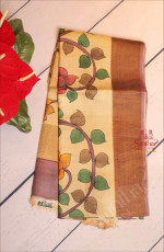 SANDAL COLOUR TUSSAR SAREE WITH KALAMKARI PRINT WITH SELF BLOUSE