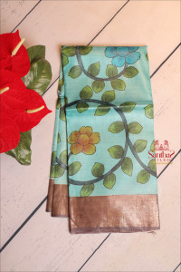 teal-blue-colour-tussar-saree-with-kalamkari-print-with-self-blouse