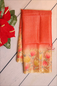dark-peach-colour-kota-tussar-saree-with-floral-print-blouse-pallu