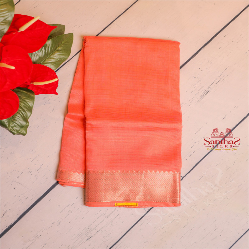 MANGALAGIRI SILK PEACH COLOUR SAREE WITH ZARI BORDER AND CONTRAST FLORAL PATTERN BLOUSE
